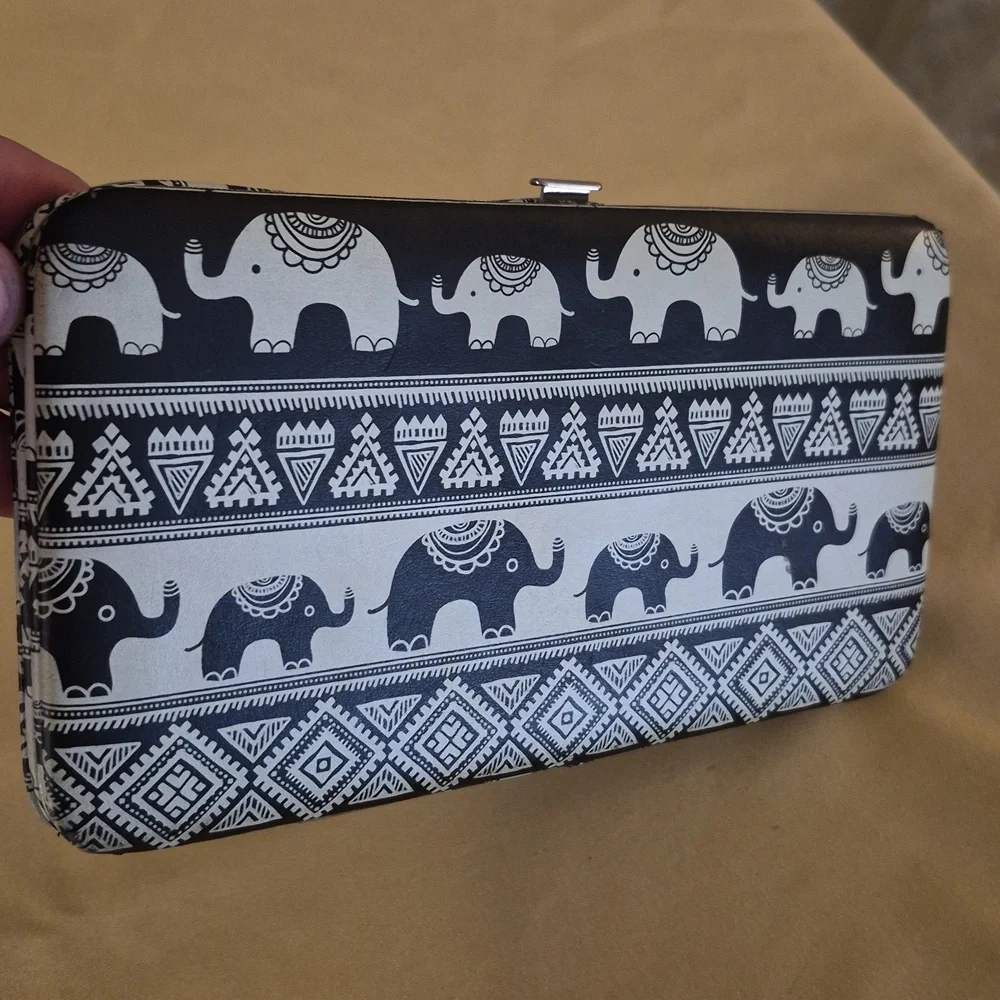 Boho Black N White Elephant Push Snap Open Wallet Clutch